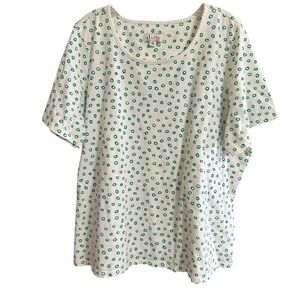 Denim‎ + Company White Green Ring Dot Print Short Sleeve Top Plus Sz 2X Casual